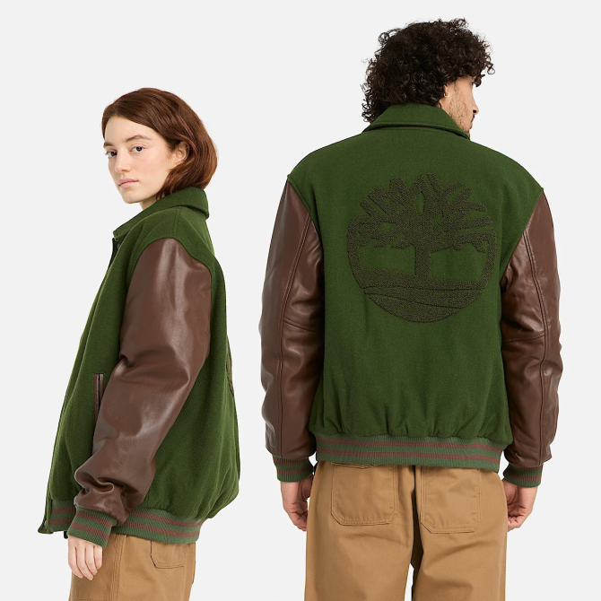 Унисекс яке All Gender Leather Letterman Jacket in Dark Green TB0A63BYEIN 02