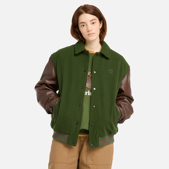 Унисекс яке All Gender Leather Letterman Jacket in Dark Green TB0A63BYEIN 04